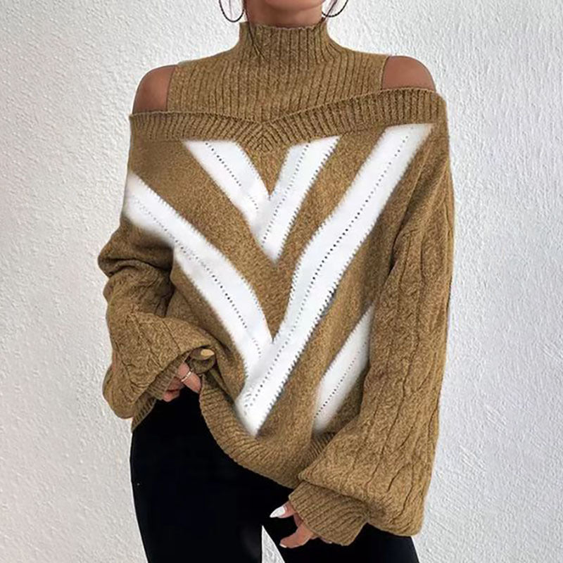 Women’s Elegant Off-Shoulder Turtleneck Sweater — Long Sleeve Knit Top
