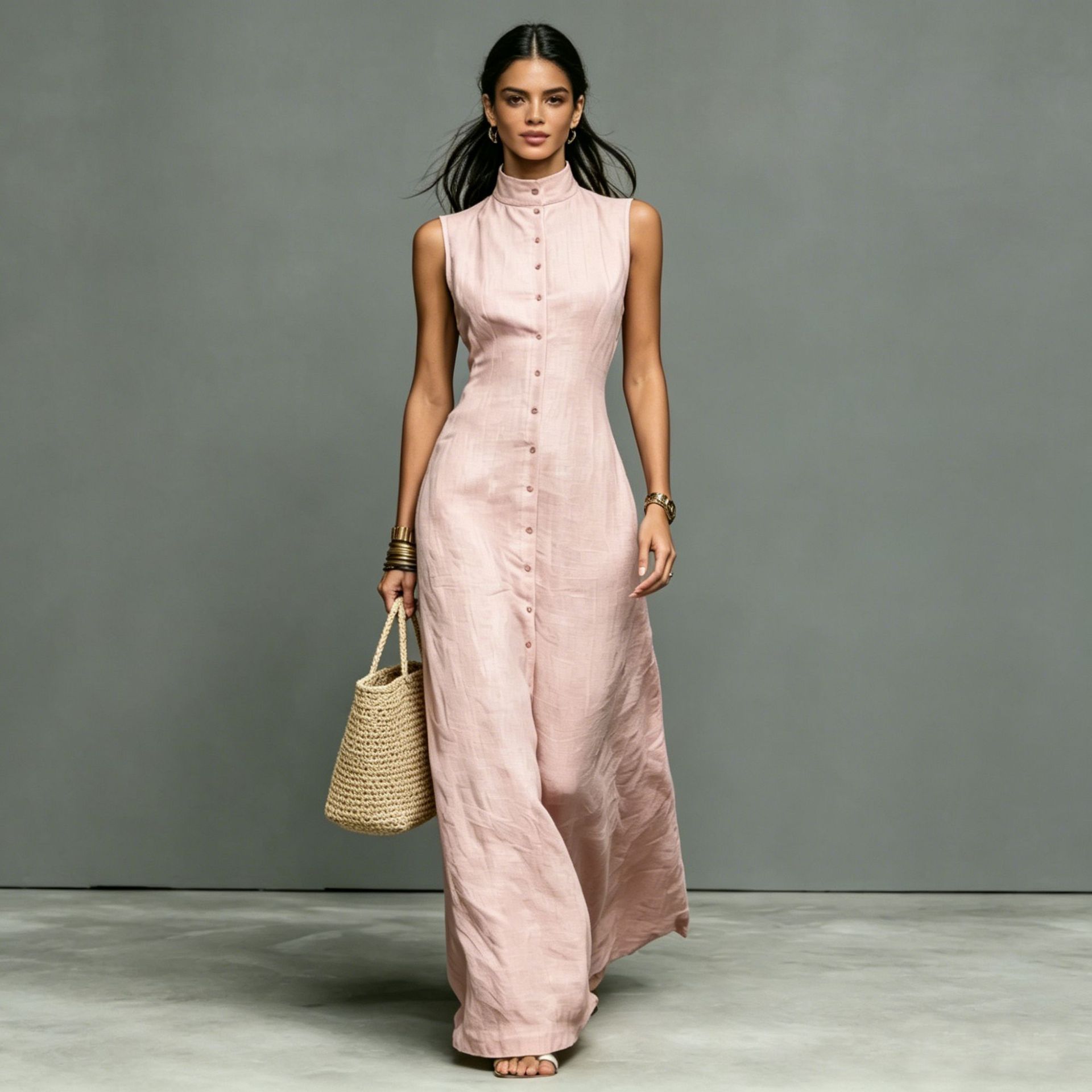 Women's Stand-Collar Single-Breasted Sleeveless Midi Dress