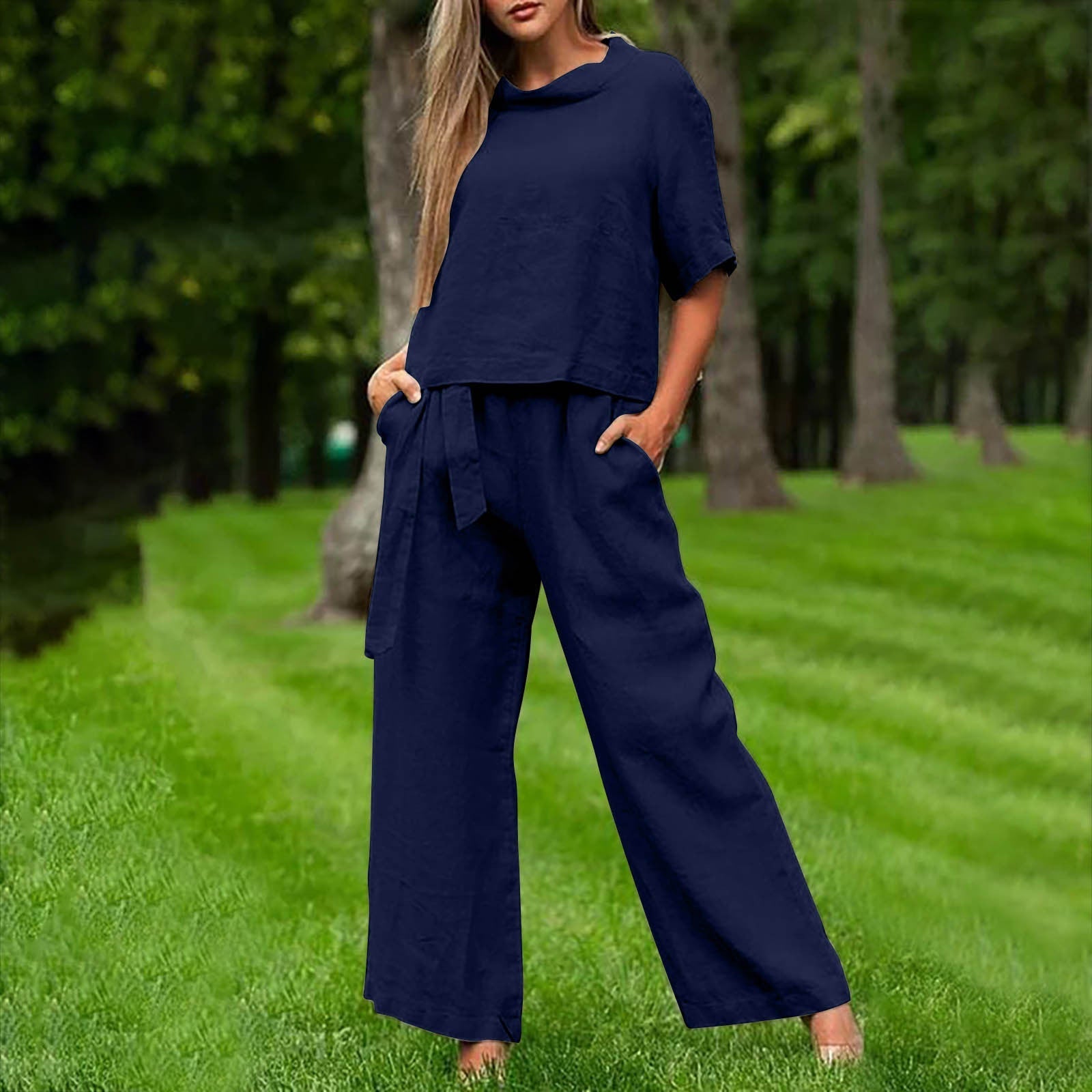 Round-Neck 3/4 Sleeve Top & Pants Two-Piece Set – 6 Colors, S–XXL