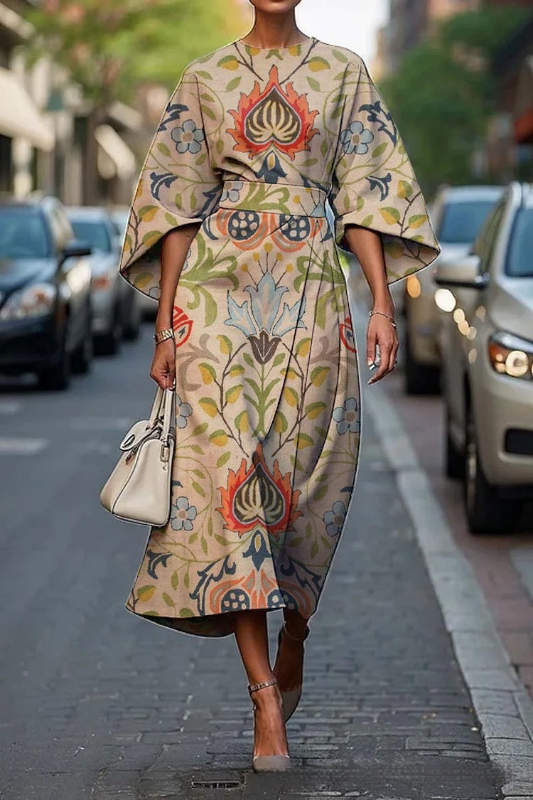 Geometric Print Batwing Sleeve Flowy Maxi Dress – 12 Styles, XS–XXXL