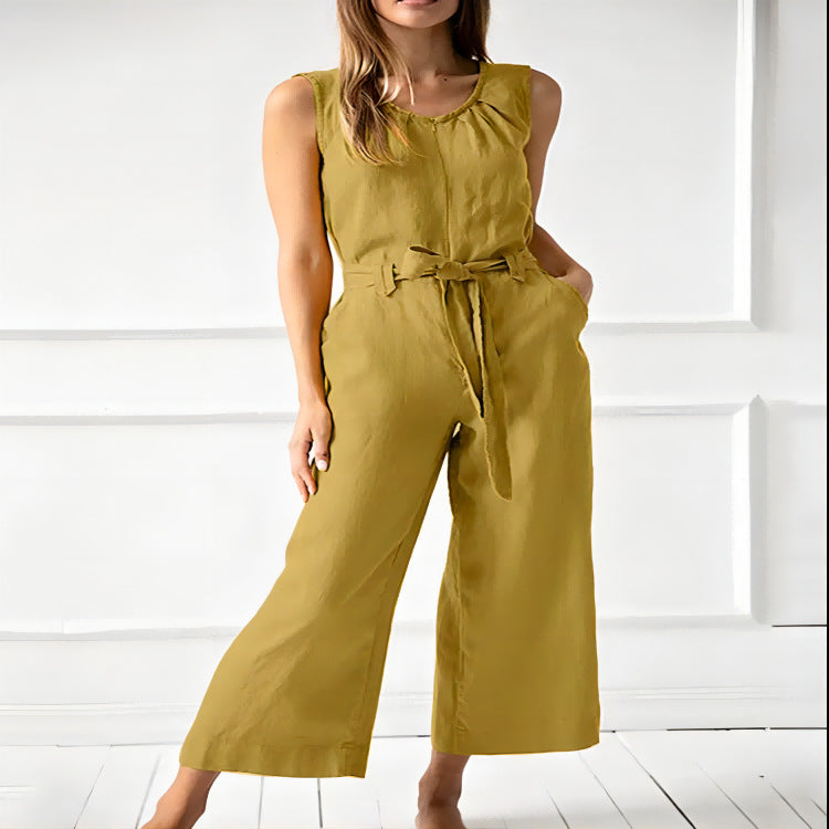 Women's Solid-Color Mid-Rise Full-Length Cotton Trousers