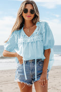 Elina Embroidered Lace Patchwork Tie Blouse