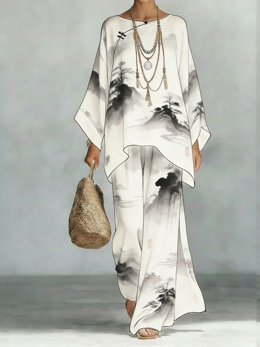 Floral Print Bamboo Linen Two-Piece Set | Wide-Leg Pants