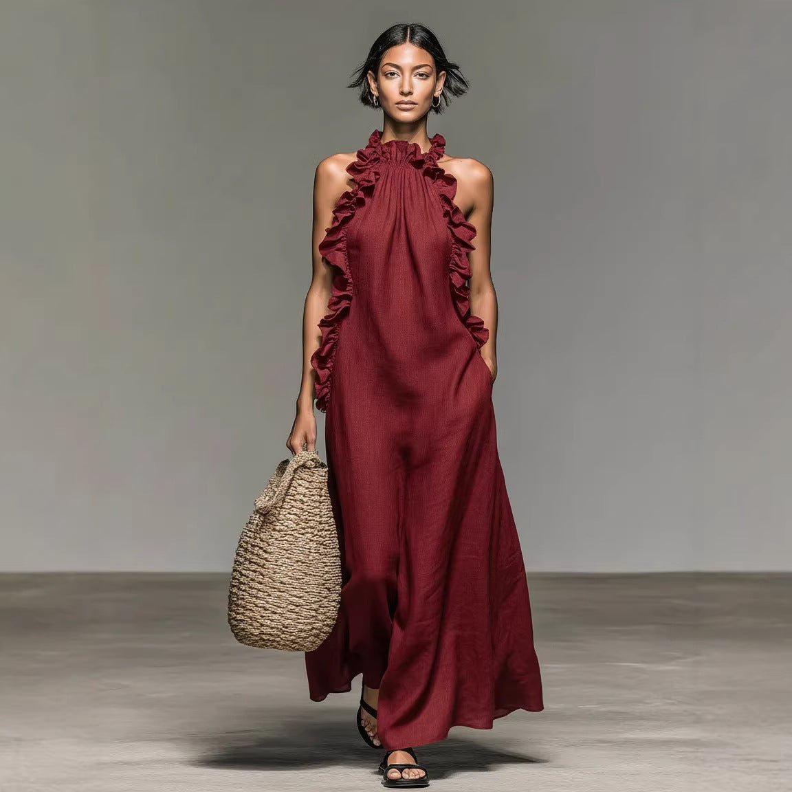Women's Resort Ruffled Halterneck Sleeveless Open-Back Maxi Dress