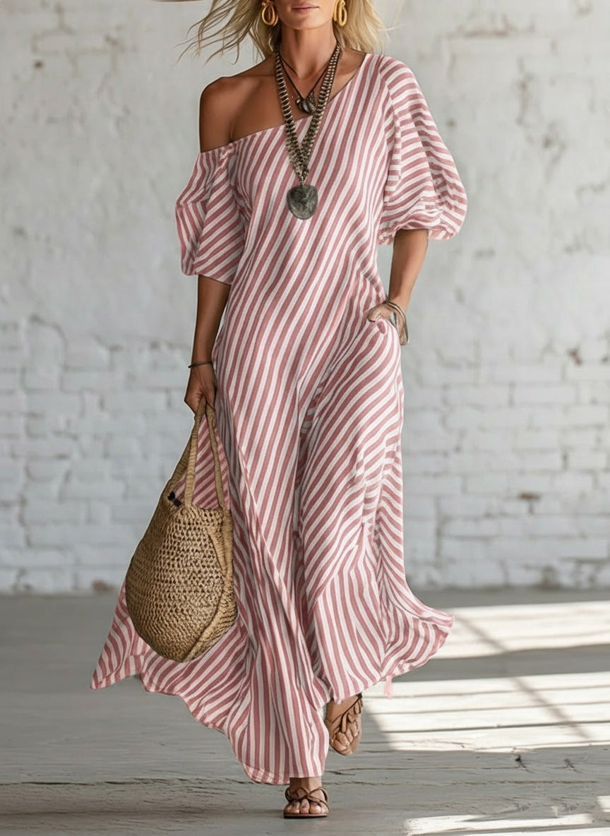 Women's Striped Off-Shoulder Elegant Midi Dress