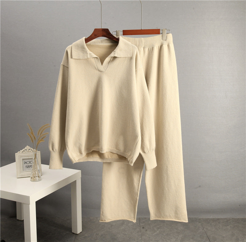 Solid Color Lapel Sweater Set for Women