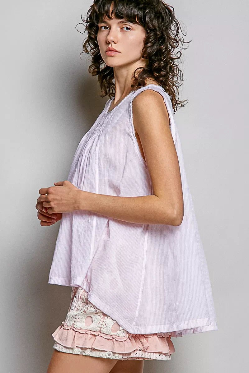 POL POL Round Neck Sleeveless Striped Pleated Cotton Top