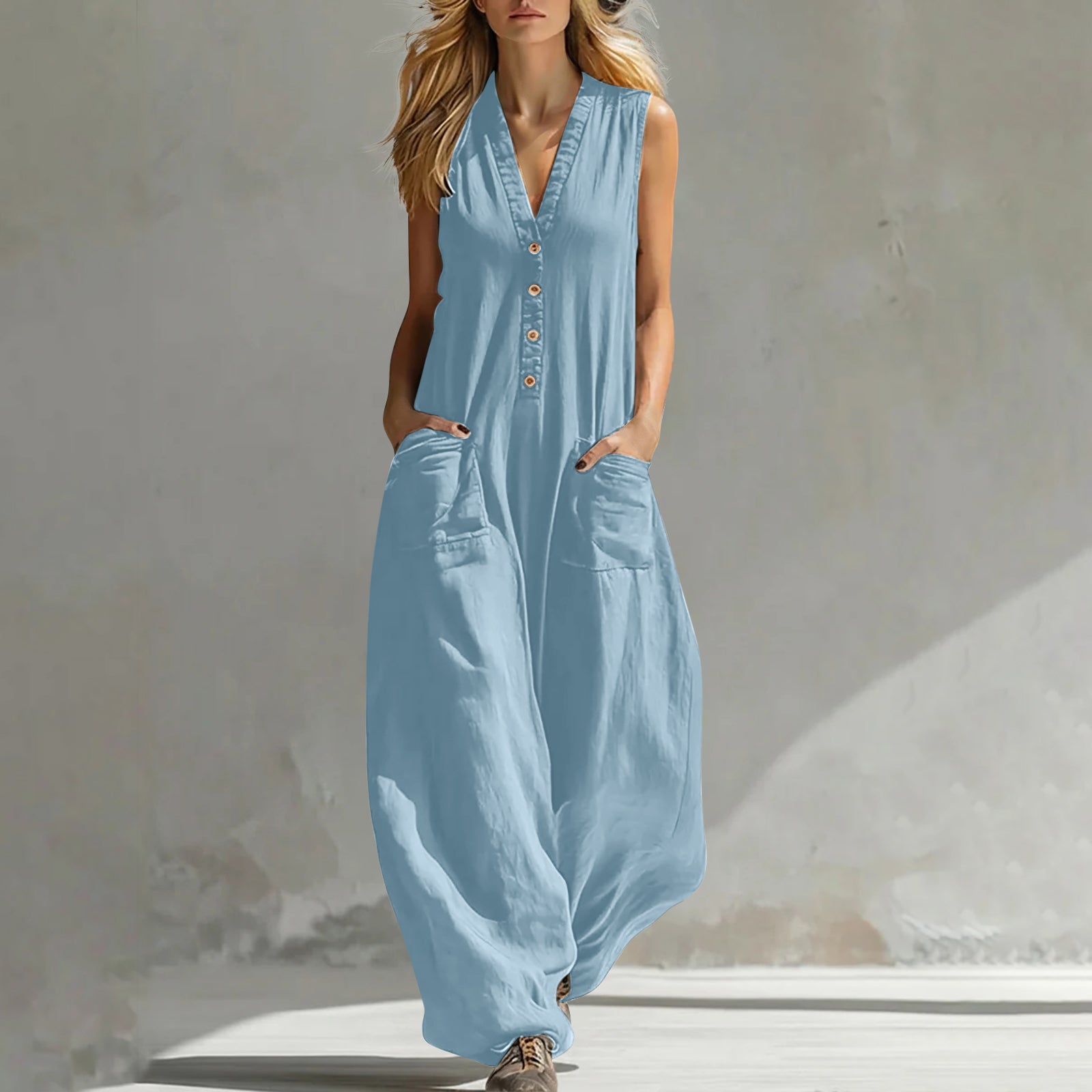 Women's Sleeveless Wide-Leg Jumpsuit with Pockets