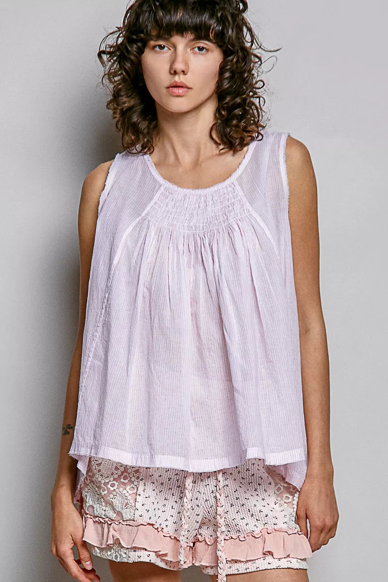 POL POL Round Neck Sleeveless Striped Pleated Cotton Top