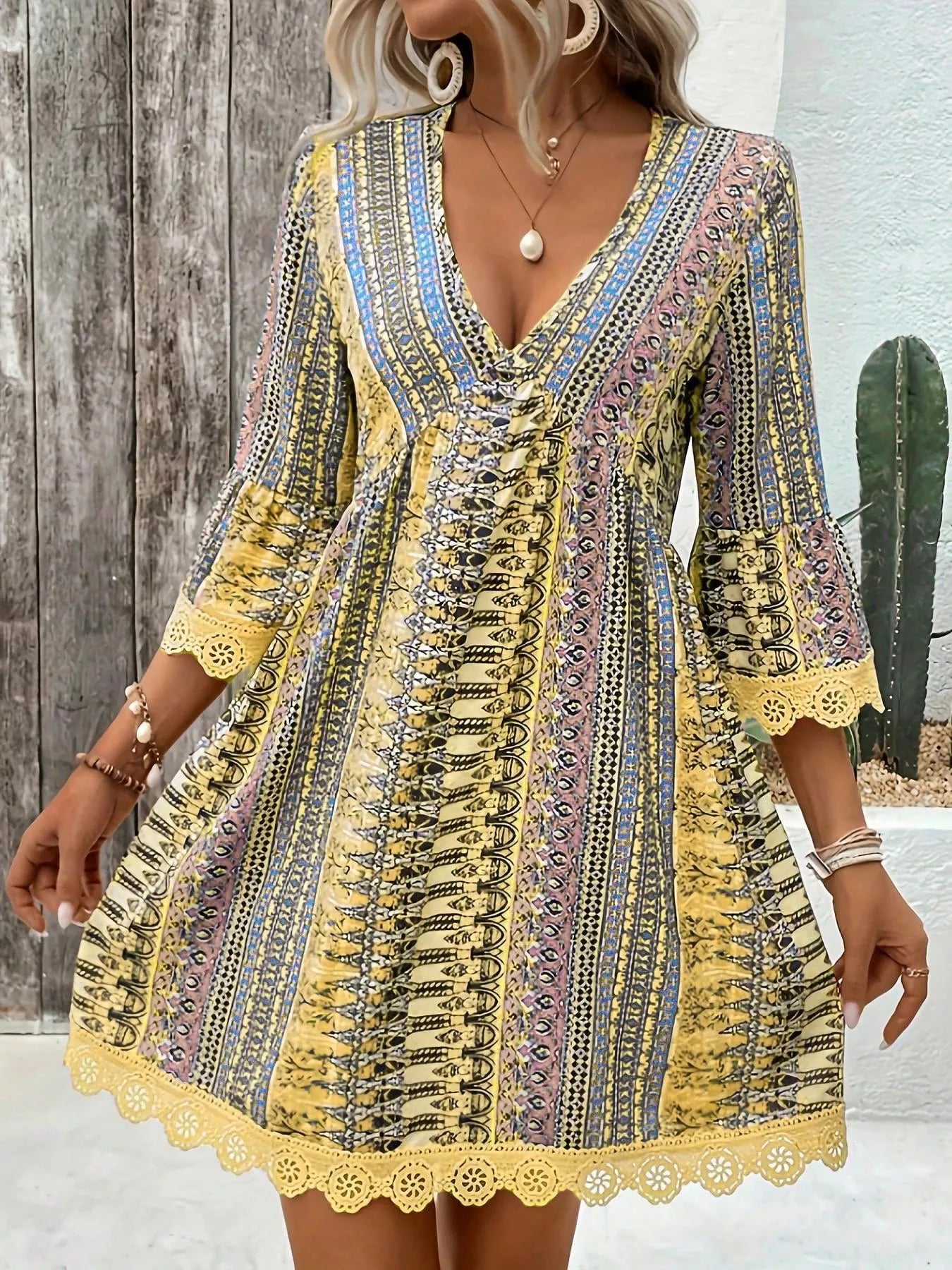 Printed V-Neck A-Line Dress