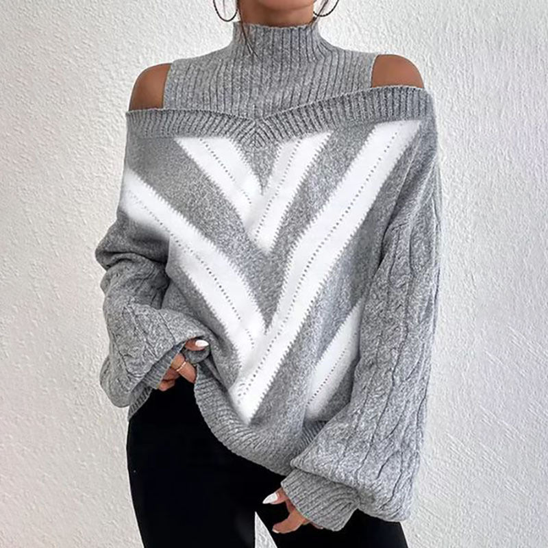 Women’s Elegant Off-Shoulder Turtleneck Sweater — Long Sleeve Knit Top