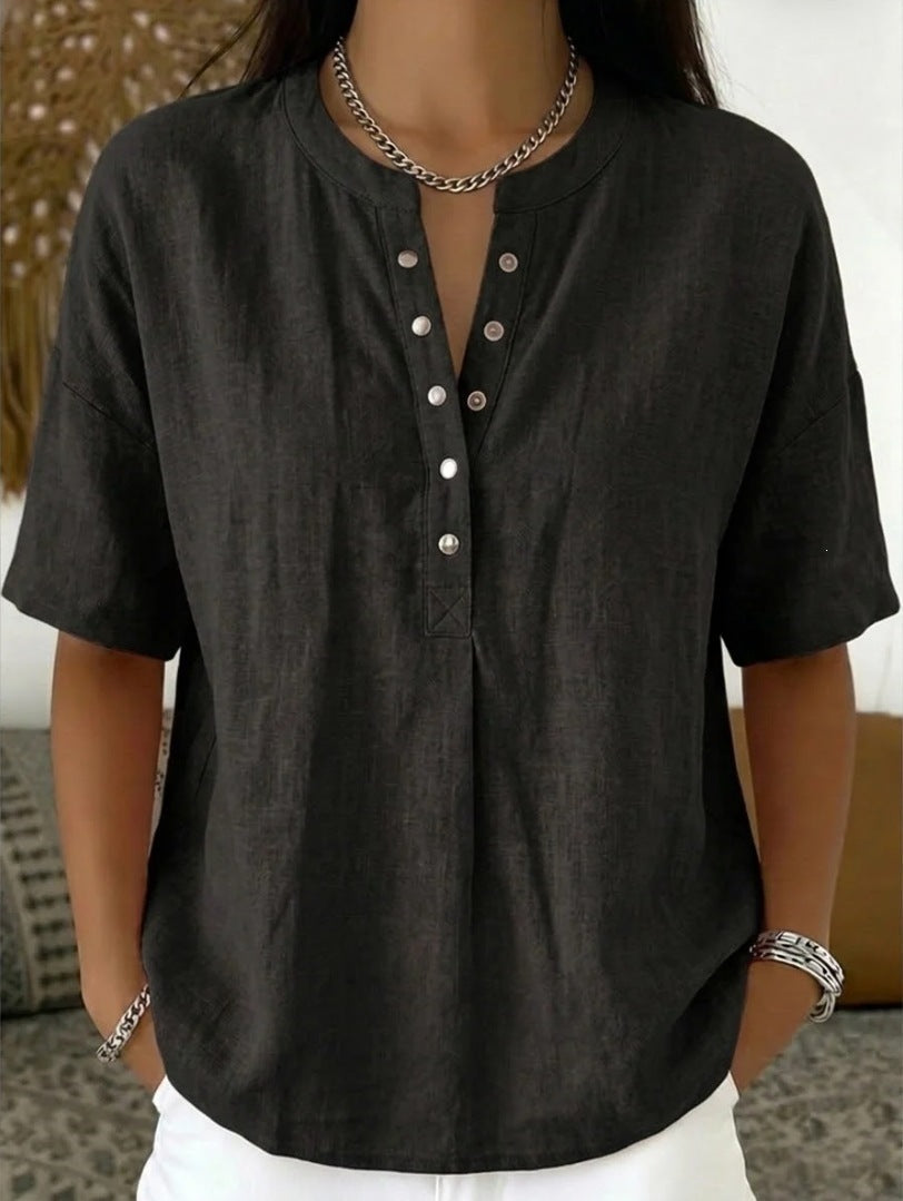 Women's Solid Color Loose-Fit Short-Sleeve Pullover Top