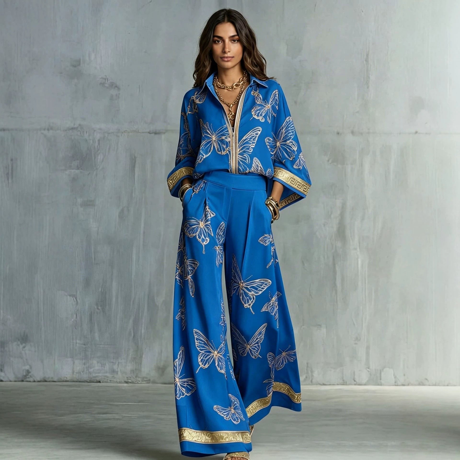 Women's Deep V-Neck Zipper Top & Wide Leg Pants Two-Piece Set