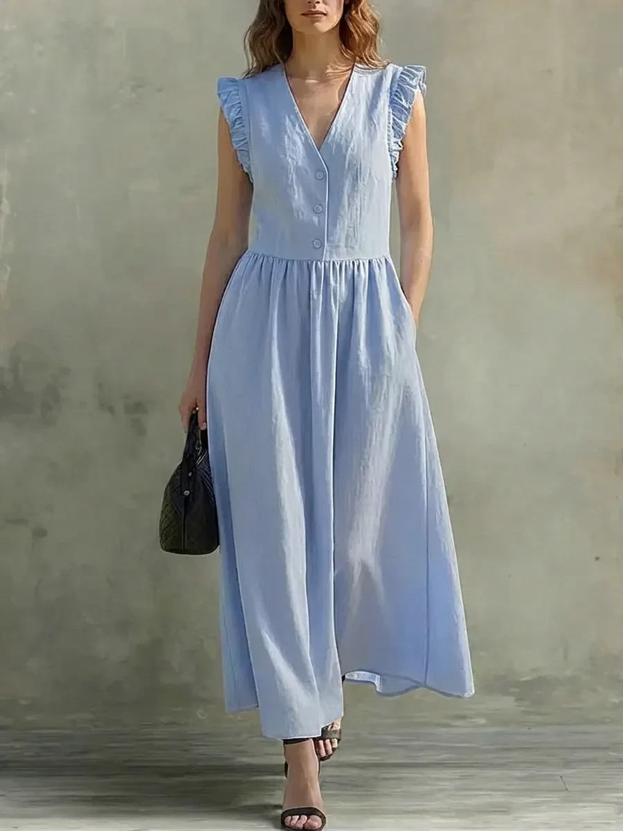 V-Neck Puff-Sleeve Dress with Pockets – Cotton Linen, 7 Colors