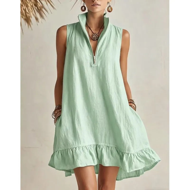 Women's Casual Loose Half-Zip Sleeveless Dress with Ruffle Hem