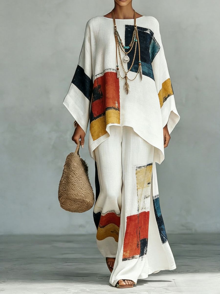 Floral Print Bamboo Linen Two-Piece Set | Wide-Leg Pants