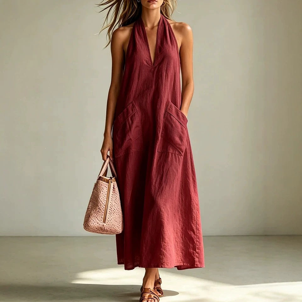 Cotton Halterneck Sleeveless Deep V-Neck Loose Straight-Line Dress