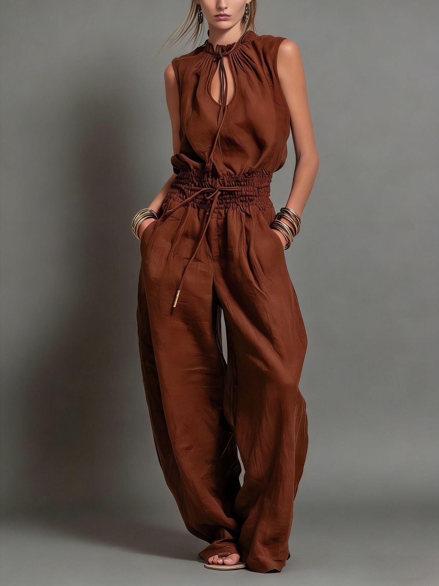 Women's Sleeveless High-Waist Wide-Leg Pleated Jumpsuit