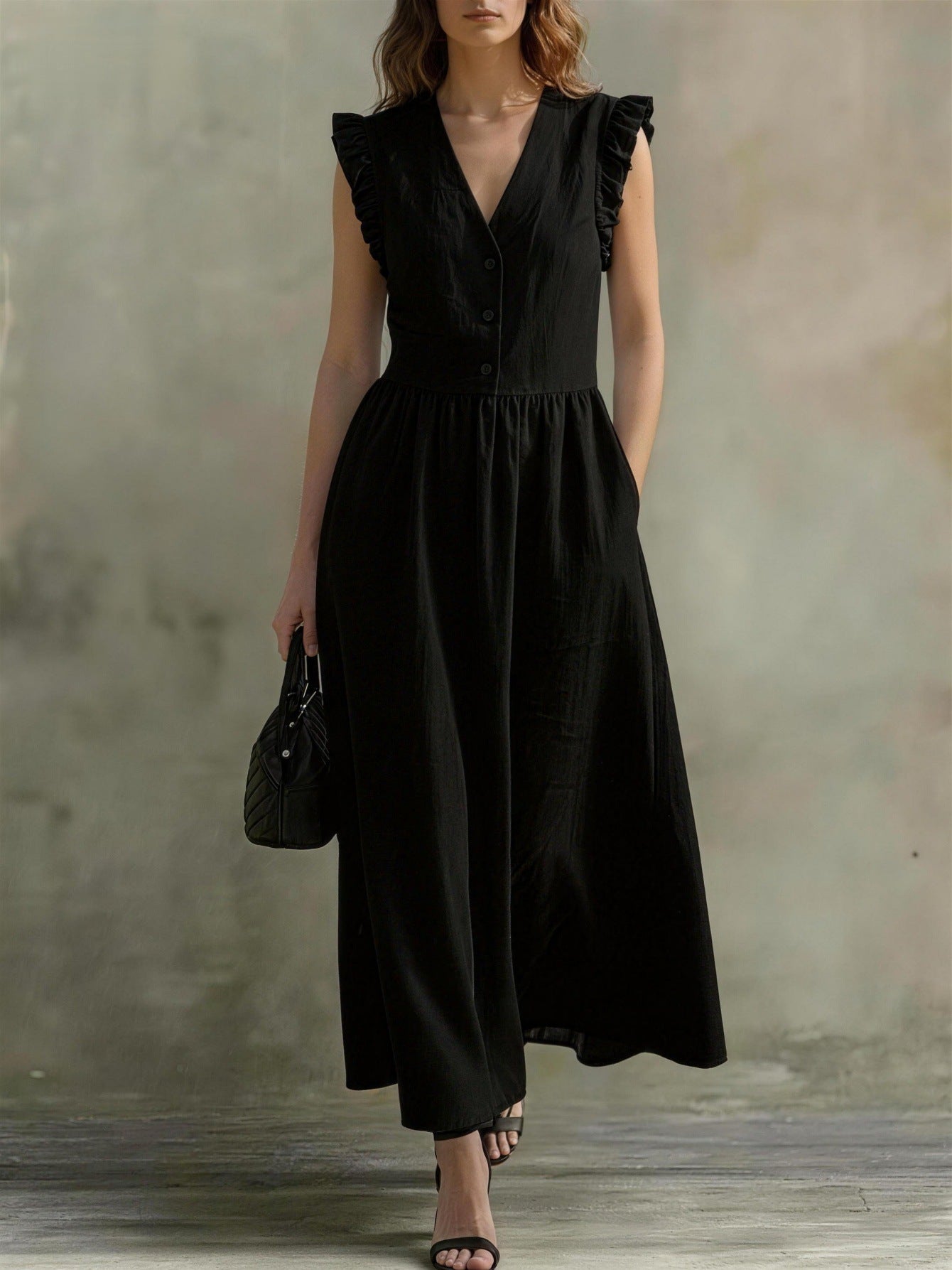 V-Neck Puff-Sleeve Dress with Pockets – Cotton Linen, 7 Colors