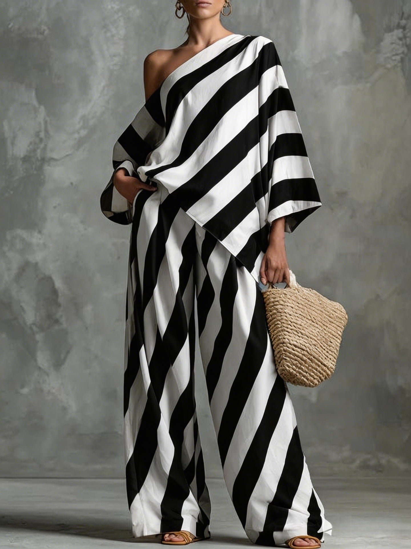 Women's Retro Striped Batwing Top & Wide-Leg Pants Set – Vintage 2-Piece