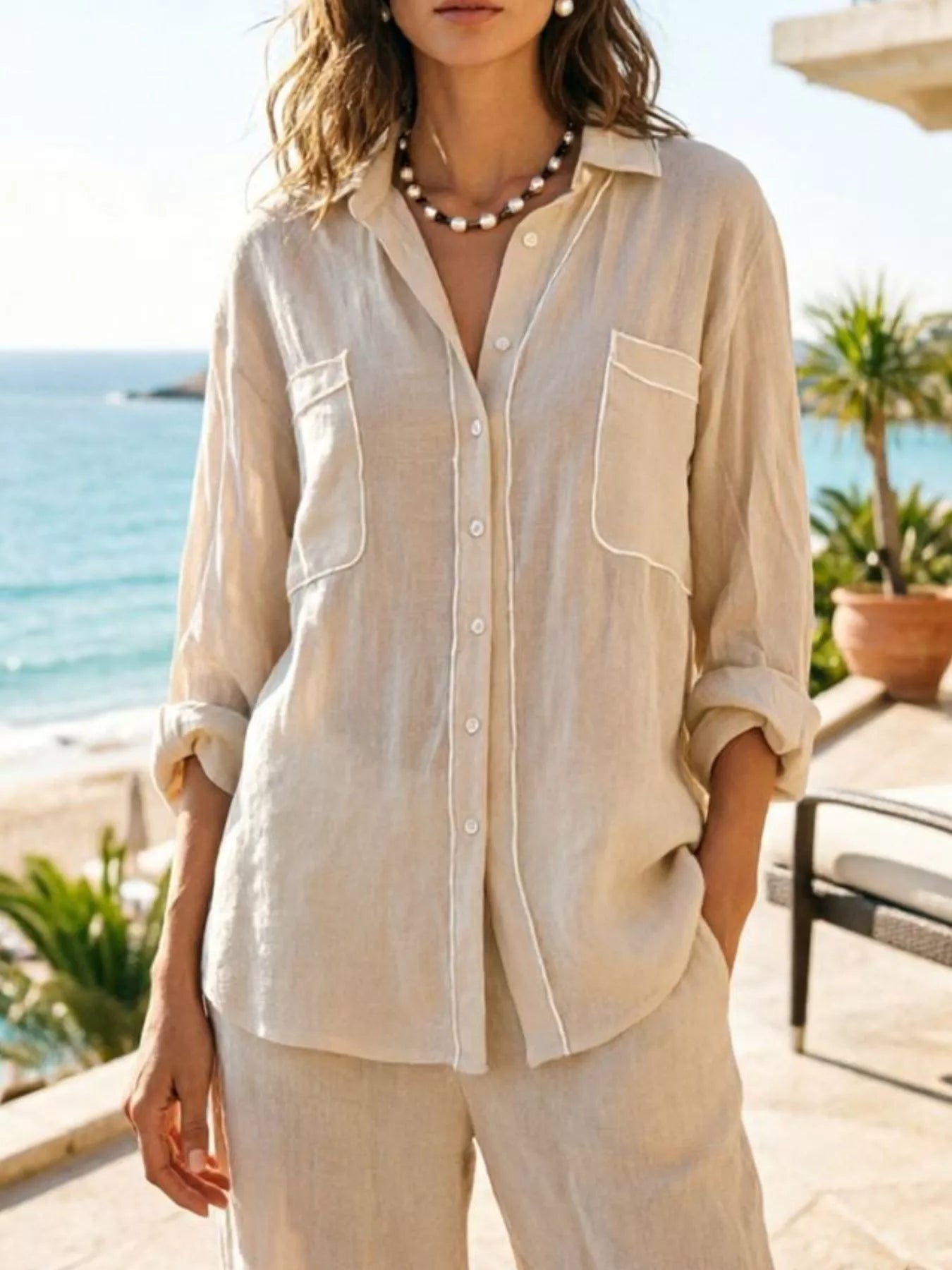 Contrast Trim Button Up Long Sleeve Shirt
