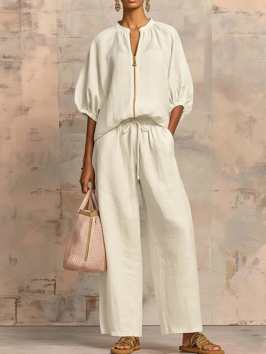 Women's Casual Loose Zipper Round Neck Wide-Leg Pants Set