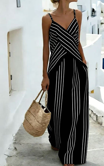 Women's Striped V-Neck Sleeveless Two-Piece Set