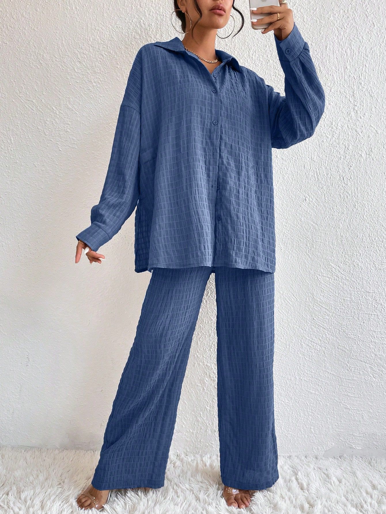 Women's Pleated Long Sleeve Lapel Two-Piece Set – Loose Top & Pants