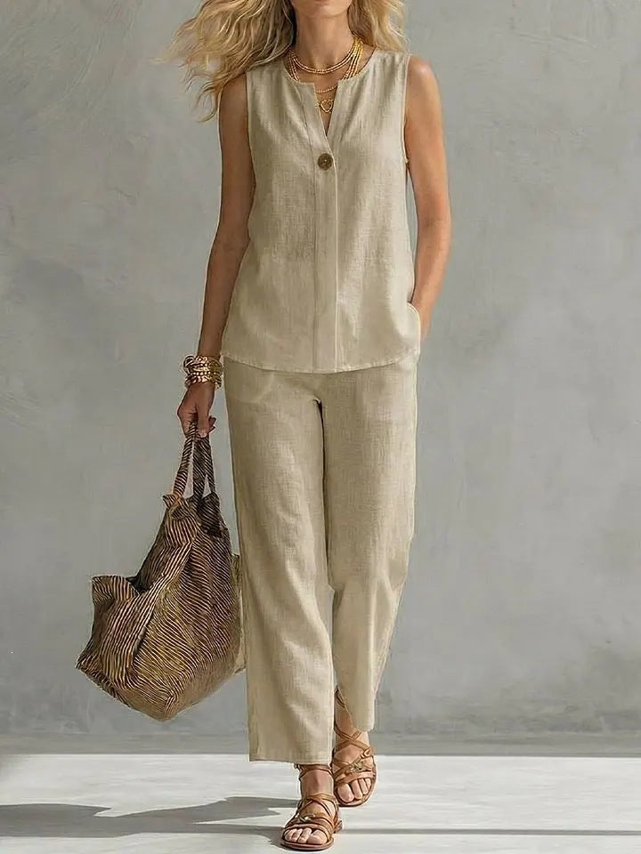 Women's Sleeveless V-Neck Top & Full-Length Pants Two-Piece Set