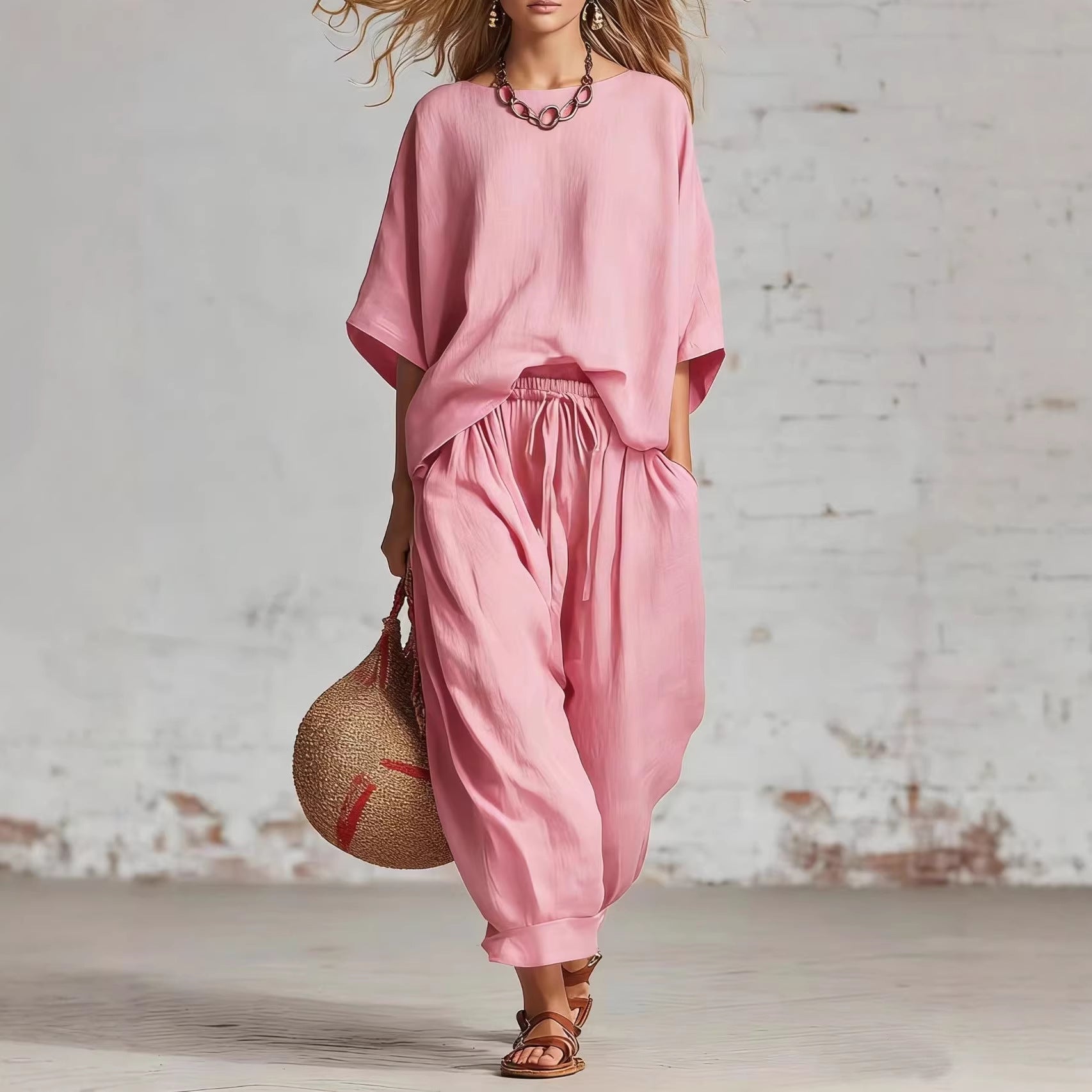 Women's Solid Color Loose Casual Set – T-Shirt & Ankle Pants