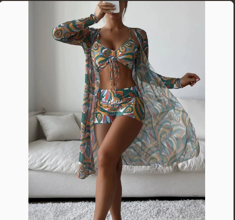 Mesh Cover-Up Three-Piece Swimwear Set – Bikini with Leg-Length Briefs