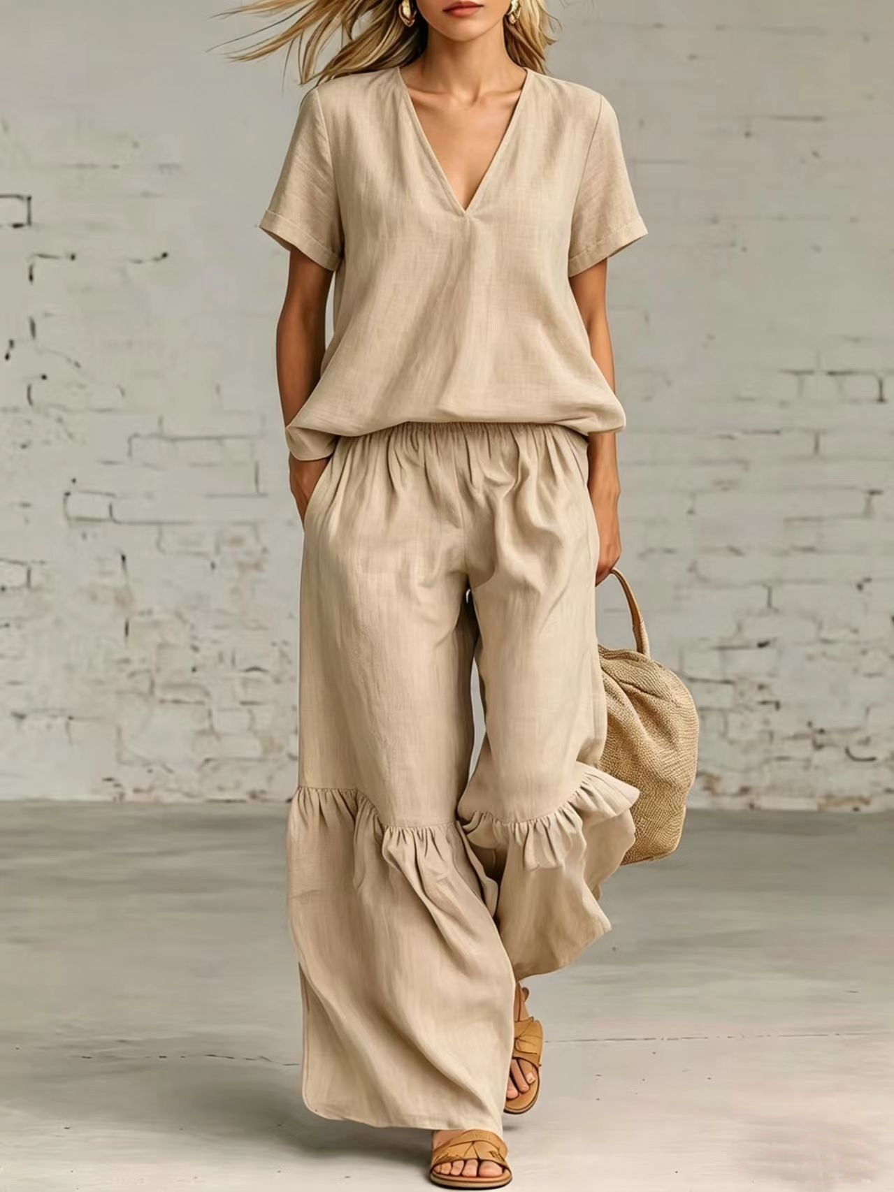 V-Neck Loose Short-Sleeve Top & Pants Set – 7 Colors, S–5XL