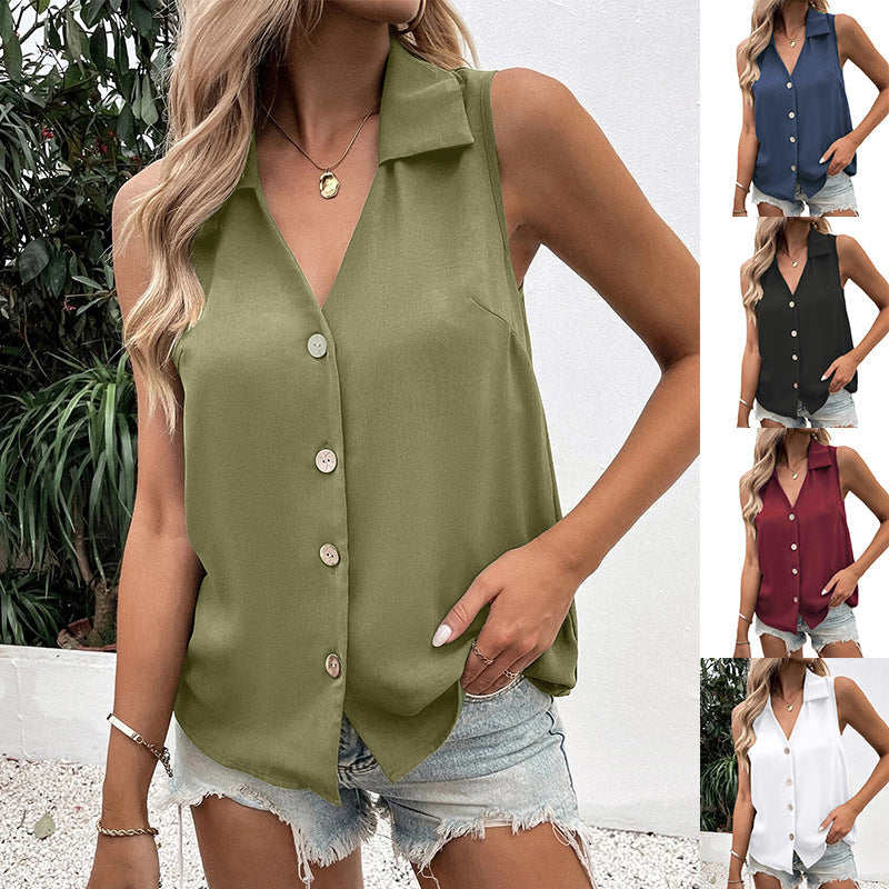 Women's Solid-Color Sleeveless Loose Vest Top – Button Detail