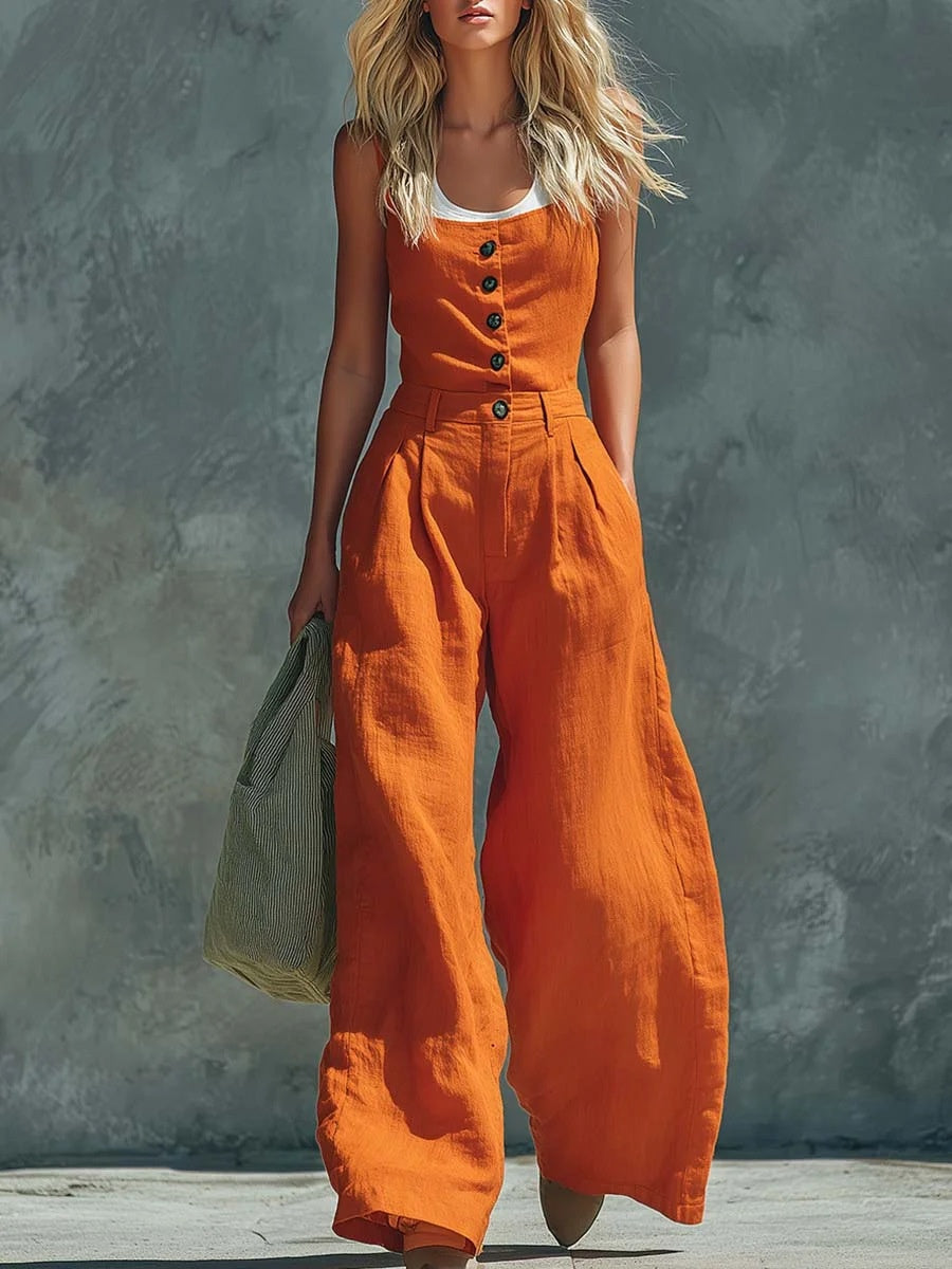 Women's Retro Button-Front High-Waist Wide-Leg Jumpsuit