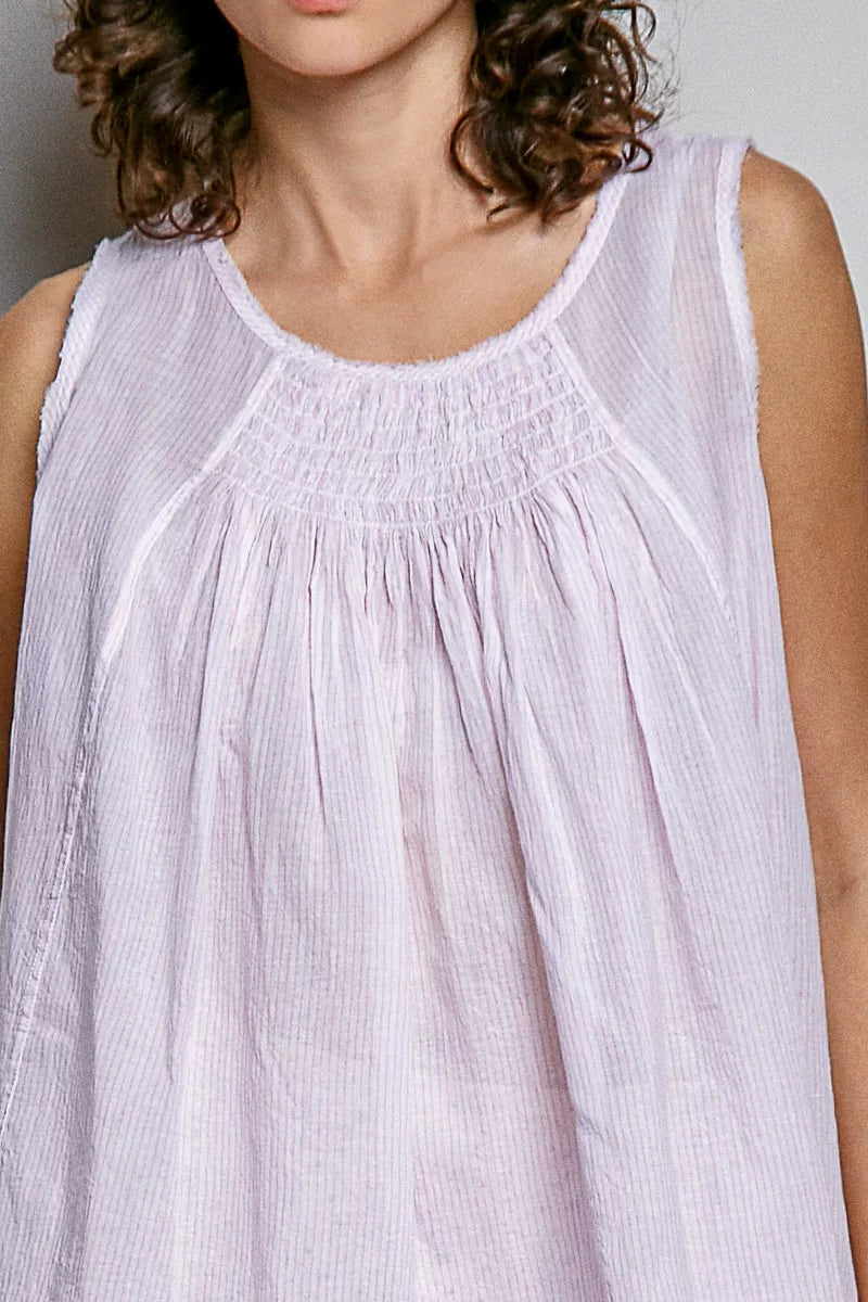 POL POL Round Neck Sleeveless Striped Pleated Cotton Top