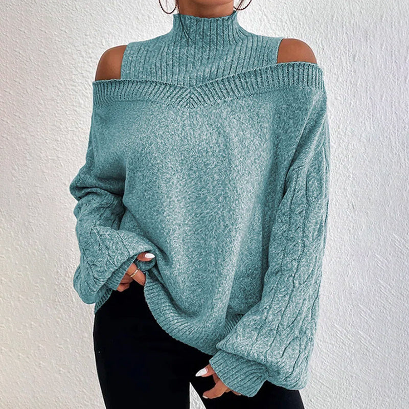 Women's Cold Shoulder Sweater - High Neck Cut Out Pullover Long Sleeve