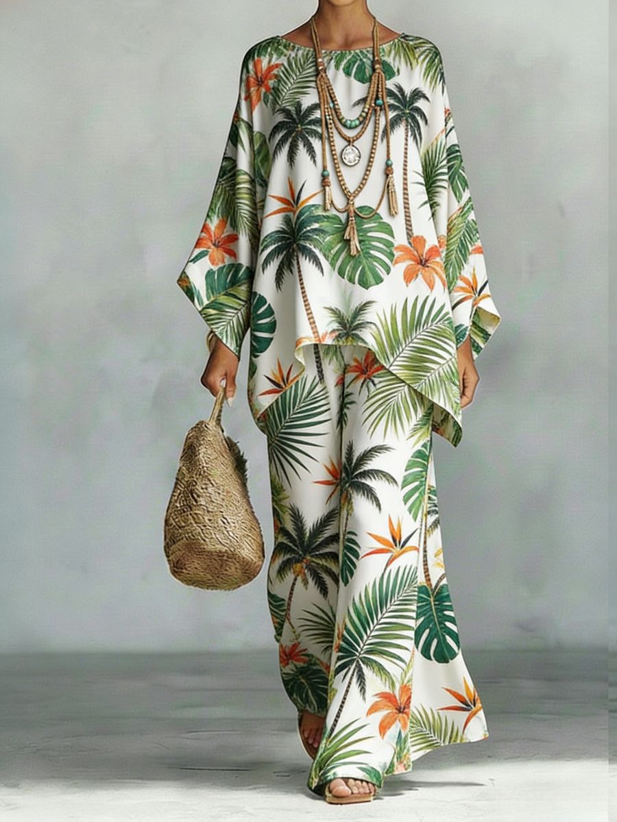 Floral Print Bamboo Linen Two-Piece Set | Wide-Leg Pants