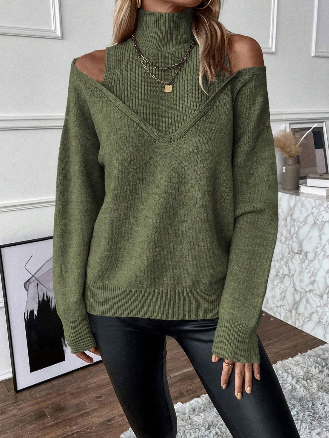 Women’s Elegant Off-Shoulder Turtleneck Sweater — Long Sleeve Knit Top