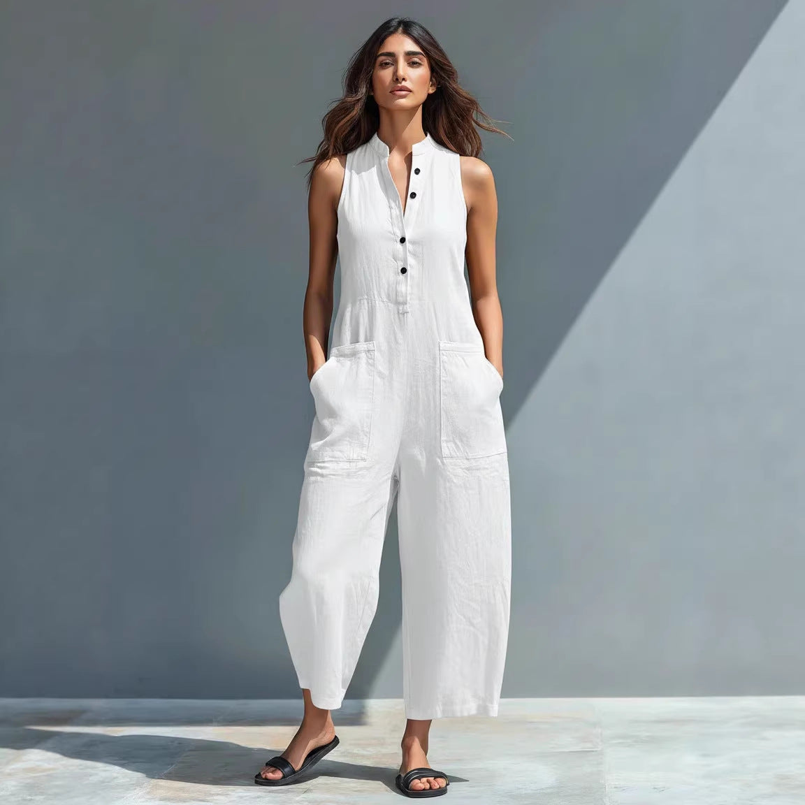 Casual Women’s Buttoned Stand Collar Sleeveless Loose Jumpsuit