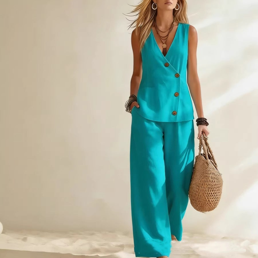 Women's Button-Up Cardigan Vest & Pants Set – Sleeveless Two-Piece