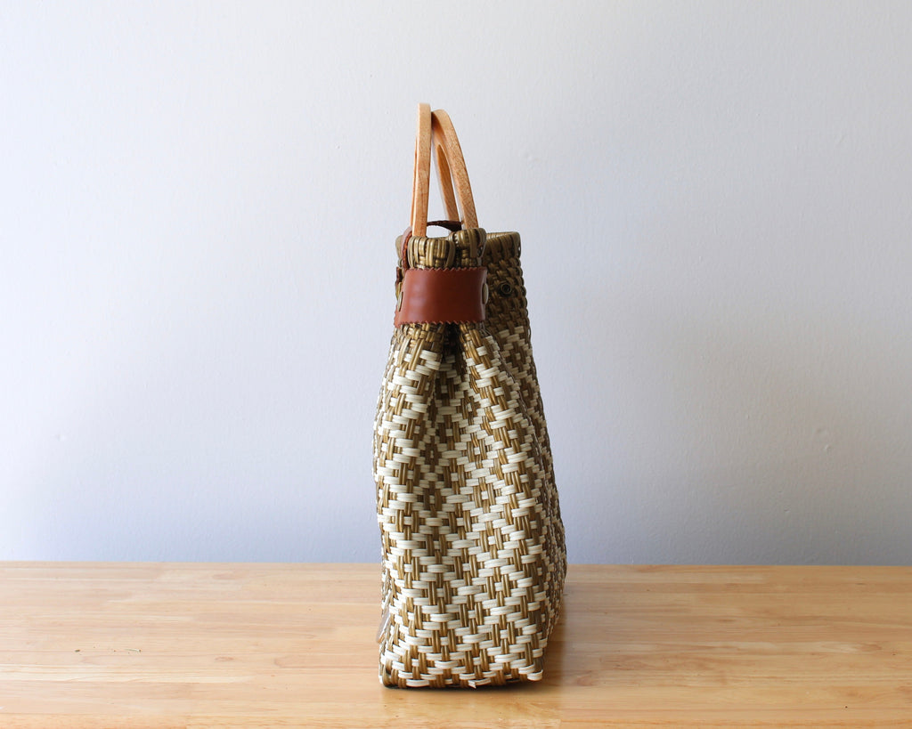 Beige & Gold Handwoven Tote with Wood Handle