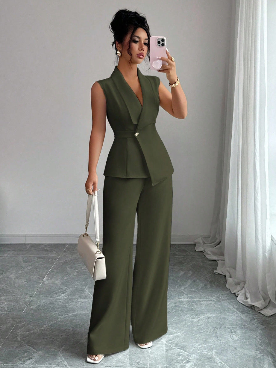 Women's Sleeveless Blazer & Straight-Leg Pants Two-Piece Set
