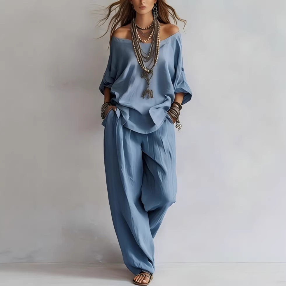 Women's Off-Shoulder Top & Wide-Leg Pants Set