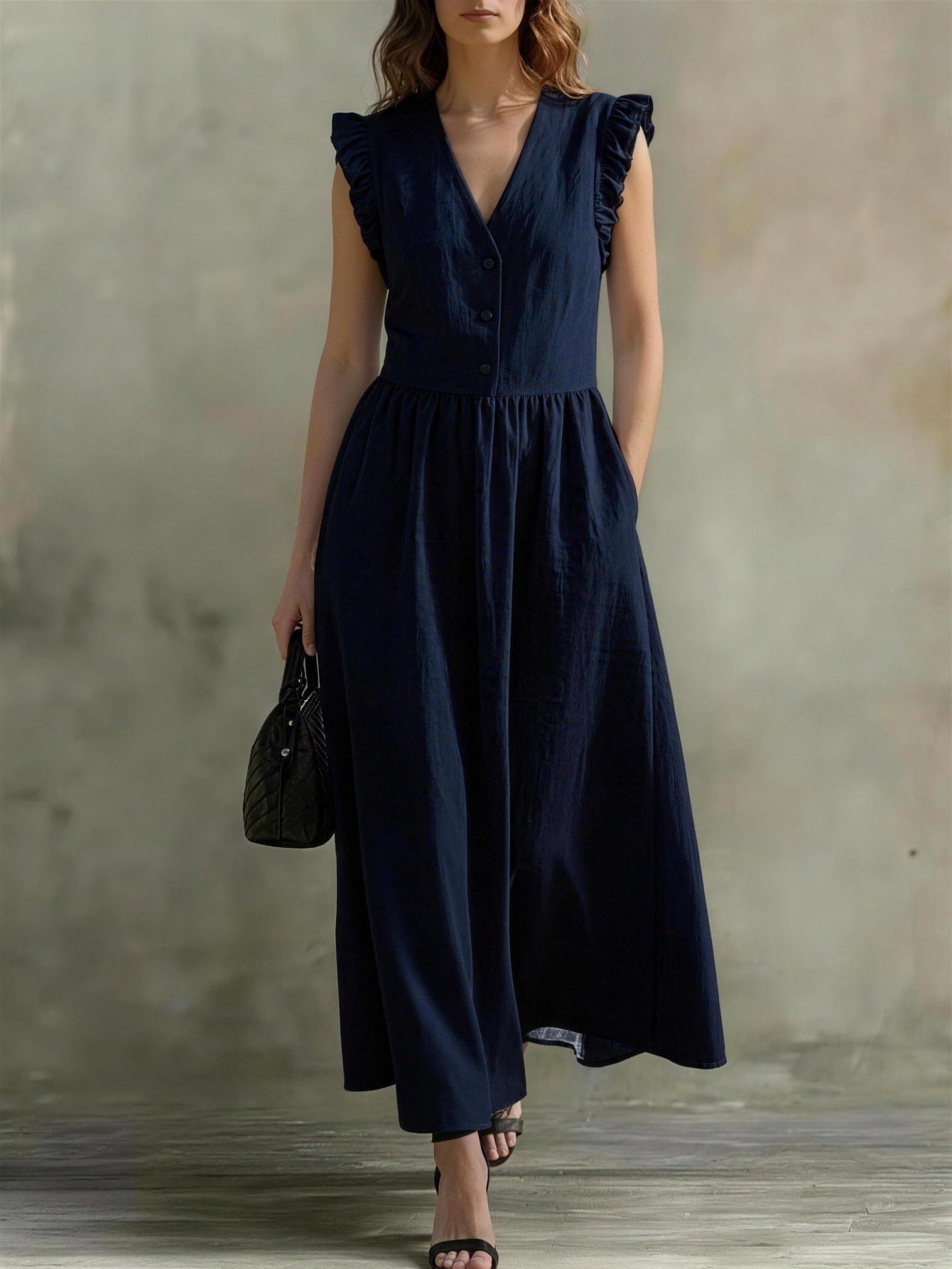 V-Neck Puff-Sleeve Dress with Pockets – Cotton Linen, 7 Colors