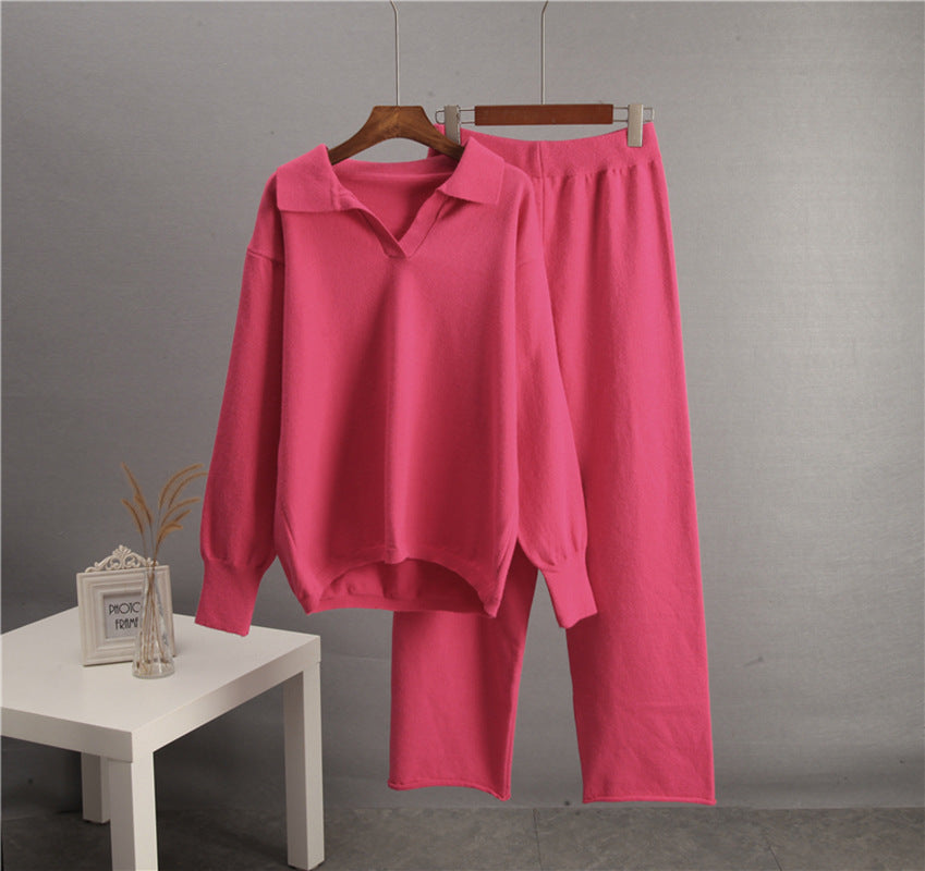 Solid Color Lapel Sweater Set for Women