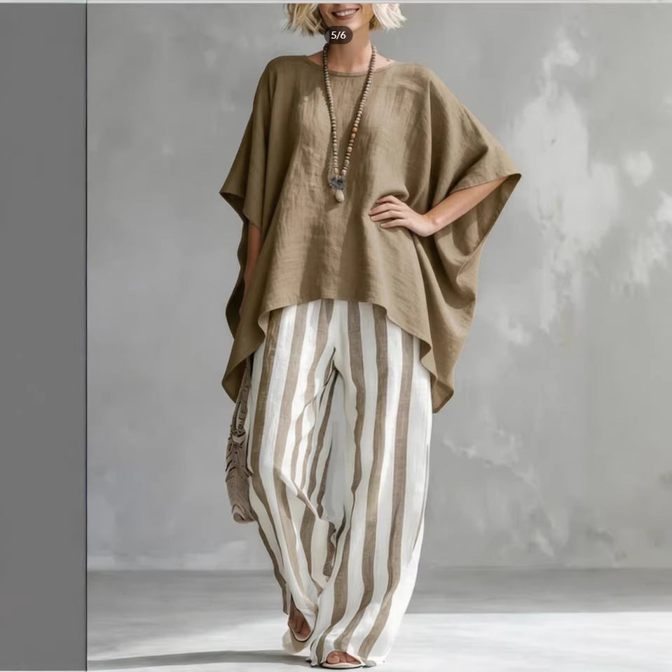 Women's Striped Batwing-Sleeve Loose Linen Two-Piece Set