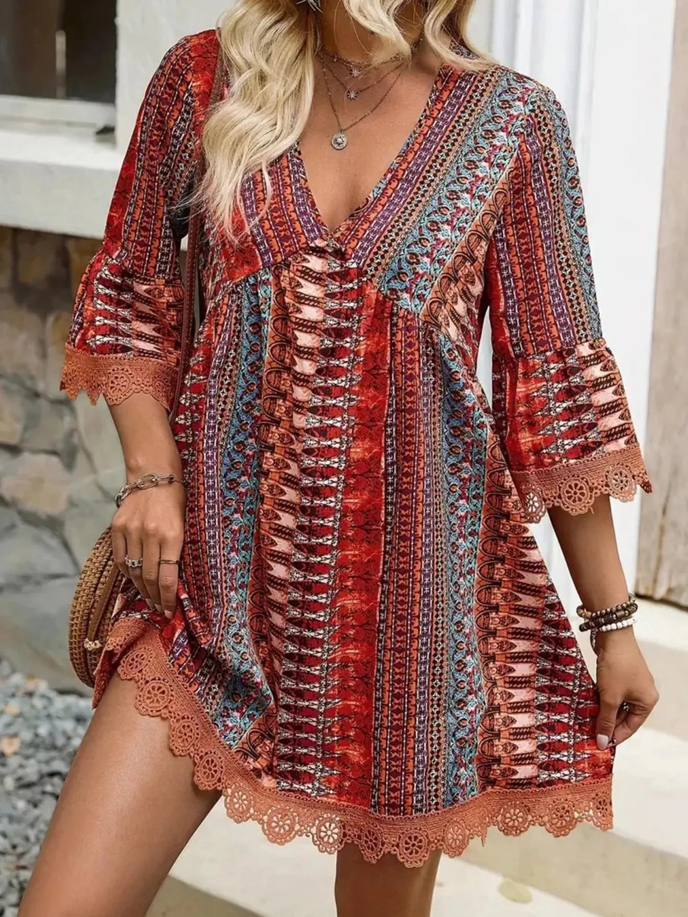 Printed V-Neck A-Line Dress