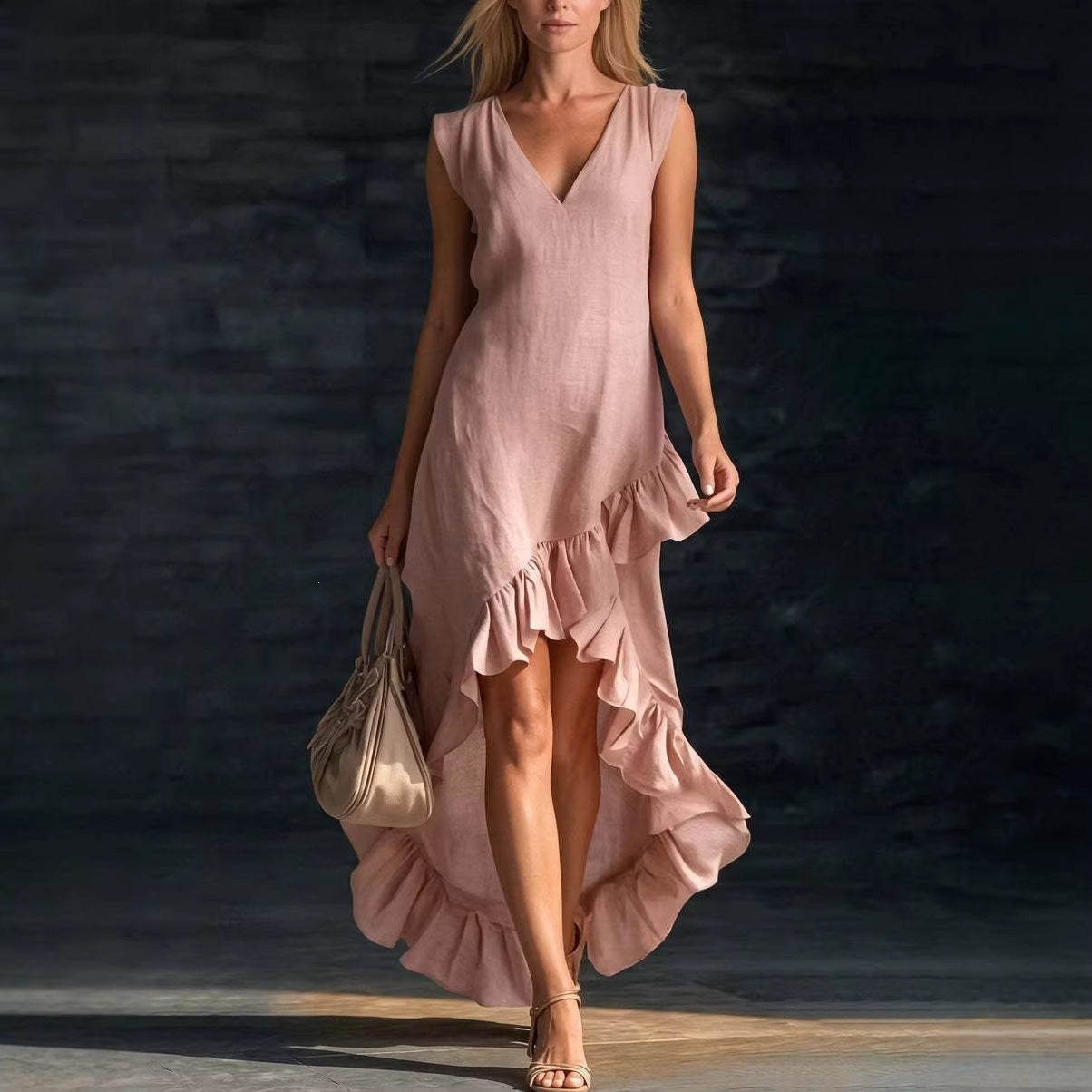 Sleeveless V-Neck Ruffle Hem Maxi Dress – Women's Cotton Linen