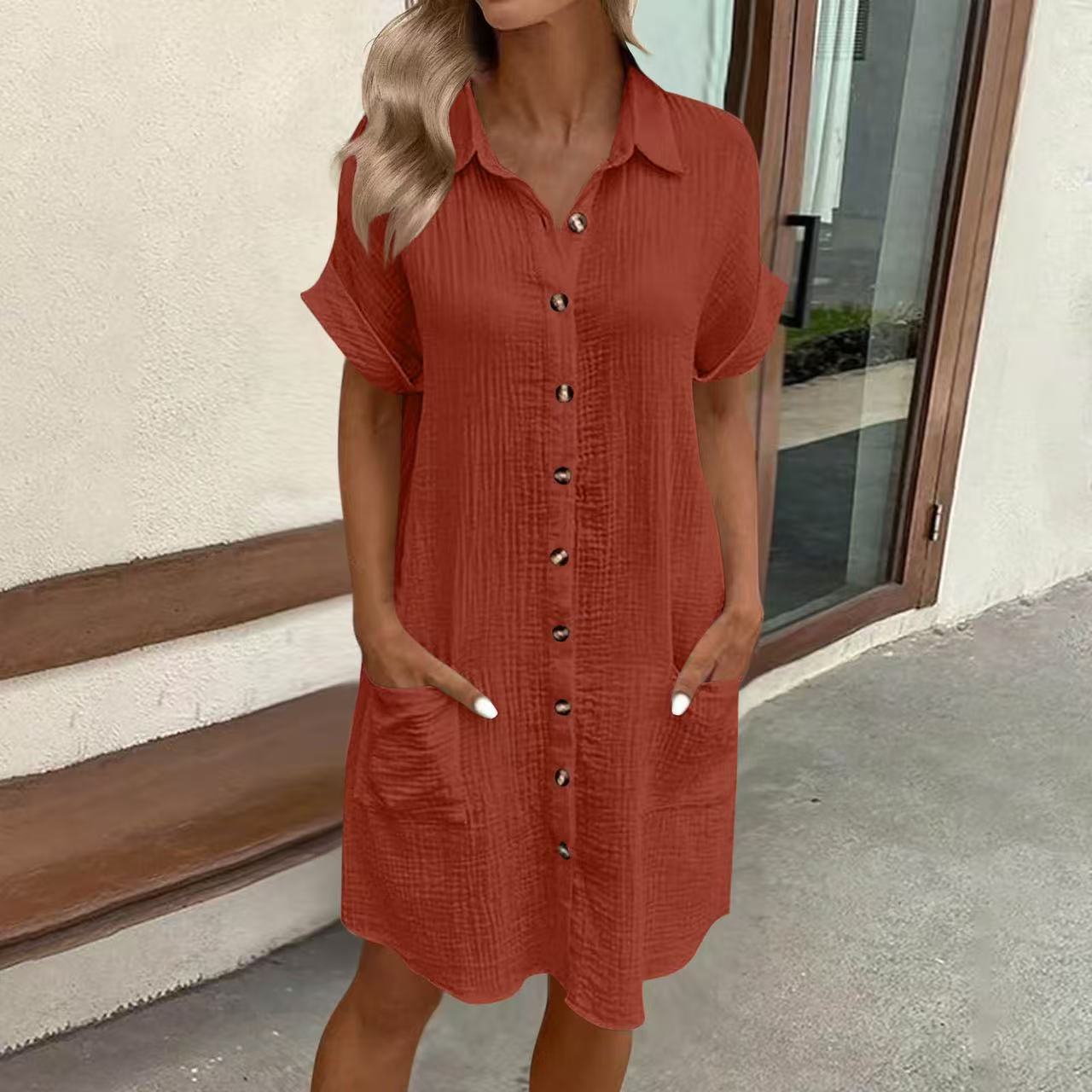 Women's Casual Loose Short-Sleeve Midi Shirt Dress – Button-Down