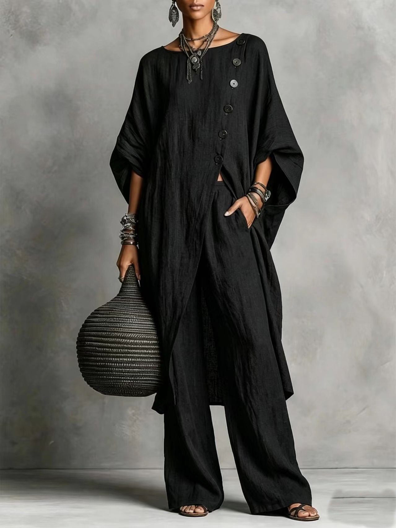 Women's Drop Shoulder Three-Quarter Sleeve Irregular Shirt & Pants Set